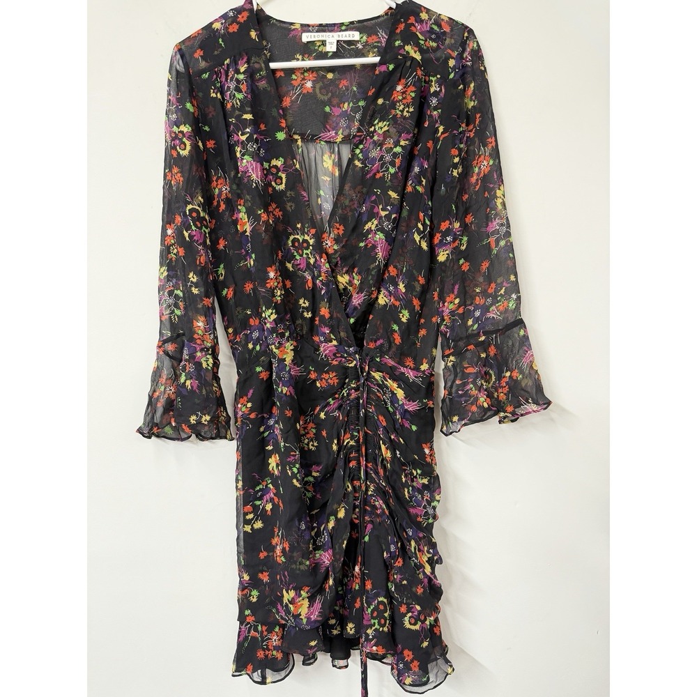 Veronica Beard Size 2 Sean Black Floral Ruched Mini Dress‎ Silk Bell Sleeves